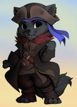  anthro bandanna belt canine chibi clothed clothing digital_media_(artwork) ear_piercing full-length_portrait fully_clothed fur grey_fur grin hat male mammal overcoat piercing pirate portrait python13rp red_fur simple_background solo standing wolf 