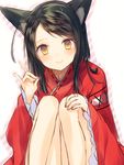  animal_ears black_hair brown_eyes copyright_request fox_ears fox_shadow_puppet hand_on_own_knee io_enishi knees_together_feet_apart long_sleeves looking_at_viewer ribbon_trim simple_background slit_pupils solo white_background 