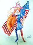  absurdres american_flag american_flag_dress clown clownpiece demoncutter derivative_work dress flag hat highres jester_cap long_hair looking_at_viewer neck_ruff orange_hair pantyhose red_eyes salute short_dress short_sleeves solo standing striped touhou traditional_media very_long_hair 