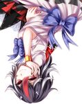  absurdres bad_id bad_pixiv_id bangs black_hair black_nails bracelet breasts dress fingernails hand_on_own_cheek highres horns jewelry kijin_seija looking_at_viewer looking_to_the_side multicolored_hair nail_polish red_eyes red_hair ribbon-trimmed_dress sheya short_hair short_sleeves simple_background small_breasts smile solo streaked_hair touhou upside-down white_background white_dress white_hair 