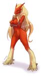  2016 anthro anthrofied avian beak blaziken blonde_hair blue_eyes brown_scales crossed_arms english_text feaureless_breasts feaureless_crotch female fur hair hi_res horn lightingsaber long_hair looking_at_viewer navel nintendo nude pok&eacute;mon pok&eacute;morph red_fur red_horn scales signature simple_background smile solo text video_games white_background white_fur yellow_sclera 
