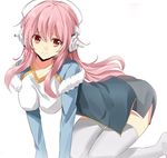  all_fours aosaki_yukina breasts collarbone commentary_request hanging_breasts headphones large_breasts long_hair long_sleeves looking_at_viewer miniskirt nitroplus pink_eyes pink_hair side_slit sidelocks simple_background skirt smile solo super_sonico thighhighs white_background white_legwear 
