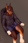  2016 animal_genitalia animal_penis anthro big_penis boxers_(clothing) canine chair clothing doberman dog draft_horse equine equine_penis flaccid furshit hoodie hooves horse hybrid junker looking_at_viewer male mammal open_mouth penis shire simple_background sitting smile solo teeth tongue tongue_out underwear wardrobe_malfunction 
