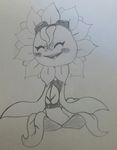  black_and_white blush clothing eyes_closed eyewear female flora_fauna flower freckles goggles happy monochrome open_mouth plant plants_vs_zombies shirt smile solar_flare_(plants_vs_zombies) sunflower thompson-vonjung traditional_media_(artwork) 