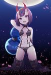  backlighting bangs black_background blue_background blunt_bangs bob_cut breasts breasts_apart collarbone eyebrows eyebrows_visible_through_hair fang fate/grand_order fate_(series) gourd gradient gradient_background head_tilt horns jewelry kneeling looking_at_viewer monocco moon navel oni oni_horns petals purple_eyes purple_hair revealing_clothes short_hair shuten_douji_(fate/grand_order) small_breasts solo thick_eyebrows tsurime 