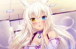  animal_ears bare_shoulders bell bell_choker blue_eyes blush cat_ears chestnut_mouth choker coconut_(sayori) game_cg hand_on_own_cheek heterochromia jingle_bell long_hair looking_at_viewer nekopara off-shoulder_shirt open_mouth platinum_blonde_hair sayori shirt slit_pupils solo yellow_eyes 