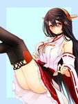  ass black_hair breasts budget_sarashi choker detached_sleeves hair_ornament hairclip haruna_(kantai_collection) highres kantai_collection large_breasts legs_up long_hair looking_at_viewer no_panties nontraditional_miko orange_eyes pleated_skirt sarashi skirt smile solo tsukui_kachou upskirt 