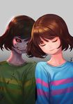  black_sclera blood blood_on_face bloody_clothes brown_hair chara_(undertale) closed_eyes collarbone evil_grin evil_smile frisk_(undertale) gd_choco gradient gradient_background grin head_tilt red_eyes shirt signature smile spoilers striped striped_shirt symmetry teeth undertale upper_body 