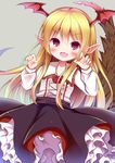  blonde_hair claw_pose cowboy_shot demon_wings esureki fang granblue_fantasy head_wings long_hair long_sleeves looking_at_viewer open_mouth petticoat pointy_ears red_eyes shingeki_no_bahamut shirt skirt smile solo tail vampy very_long_hair wings 