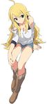  ahoge blonde_hair boots brown_footwear fringe_trim from_above green_eyes hibimegane hoshii_miki idolmaster idolmaster_(classic) invisible_chair knee_boots long_hair shorts simple_background sitting smile solo white_background 