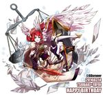  blazblue blue_eyes character_name feathered_wings full_body gloves hair_tubes happy_birthday head_wings long_hair no_headwear red_hair shield short_sword solo sraner sword transparent_background tsubaki_yayoi uniform weapon wings 