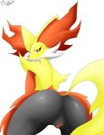  2016 anthro anus black_fur butt canine clitoris delphox eyelashes female fox fur half-closed_eyes inner_ear_fluff looking_at_viewer looking_back mammal nintendo pok&eacute;mon pussy rear_view red_eyes red_fur ricocake simple_background smile solo standing video_games white_background white_fur yellow_fur 