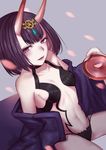  alcohol bare_shoulders bowl breasts cherry_blossoms choker collarbone dutch_angle fate/grand_order fate_(series) gem grey_background headpiece holding horns jacky5493 long_sleeves looking_at_viewer motion_blur motion_lines navel oni open_clothes pale_skin parted_lips petals purple_eyes purple_hair revealing_clothes sake sapphire_(stone) short_hair shuten_douji_(fate/grand_order) sideboob simple_background sitting small_breasts solo stomach thighs wide_sleeves 