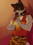  anthro belt black_fur canine clothed clothing collar dog dog_treat doggo eclipsewolf fur half-length_portrait lighter looking_at_viewer male mammal muscular portrait solo undertale video_games white_fur 