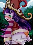  blush butt clothing female green_eyes hair half-closed_eyes hat huff humanoid league_of_legends looking_back lulu_(lol) mammal panties purple_hair rear_view solo swoon underwear undressing unknown_artist video_games yordle 