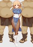  2boys arms_behind_back blonde_hair blue_dress boots breasts brown_eyes brown_legwear bun_cover chun-li chun-li_(cosplay) cosplay cum cum_on_body cum_on_clothes cum_on_lower_body djeeta_(granblue_fantasy) double_bun dress eyebrows eyebrows_visible_through_hair granblue_fantasy kaisen_chuui knee_boots looking_at_viewer medium_breasts multiple_boys pantyhose puffy_short_sleeves puffy_sleeves sash short_hair short_sleeves simple_background standing white_background white_footwear 