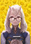  albino black-framed_eyewear breasts cellphone closed_mouth daisy eyelashes floral_background flower gd_choco glasses goat_girl holding holding_cellphone holding_phone horns humanization lips looking_at_viewer medium_breasts own_hands_together pale_skin phone red_eyes smile solo toriel undertale upper_body white_hair yellow_background yellow_flower 