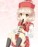  beamed_sixteenth_notes black_legwear brown_eyes eighth_note gradient gradient_background hat instrument keyboard_(instrument) kneehighs knees_up light_brown_hair long_sleeves looking_at_viewer lyrica_prismriver melodica musical_note pink_background short_hair sitting sixteenth_note skirt skirt_set solo touhou treble_clef yossy_(yossy1130) 