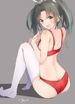  ass bangs bare_shoulders bra butt_crack eyebrows eyebrows_visible_through_hair from_behind green_eyes green_hair grey_background hair_ribbon highres kantai_collection long_hair looking_at_viewer looking_back panties red_bra red_panties ribbon simple_background sitting solo tearing_up tebi_(tbd11) thighhighs twintails underwear white_legwear white_ribbon zuikaku_(kantai_collection) 