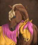  2014 ambiguous_gender blue_eyes brown_background brown_fur digital_media_(artwork) drafty_(character) duo equine eyes_closed feral fur honey_starr horse hug mammal mane rufciu signature simple_background vein yellow_fur 