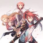  2girls ahoge brown_eyes brown_hair capelet cherry_blossoms fire_emblem fire_emblem_if grey_background hairband headband kariya_(mizore) katana kazahana_(fire_emblem_if) long_hair multiple_girls naginata open_mouth petals pink_hair polearm ponytail red_eyes red_hair sakura_(fire_emblem_if) staff sword tsubaki_(fire_emblem_if) weapon 