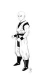  1boy bald boots clenched_hands dougi dragon_ball dragon_ball_z dragonball_z facial_mark forehead_mark full_body highres kuririn male_focus monochrome muscle roosdy_fisher serious signature sketch solo wristband 