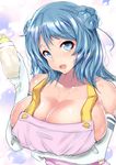  apron aqua_eyes baby_bottle blue_eyes blue_hair blush bottle breast_hold breast_rest breasts buttons cleavage collarbone double_bun elbow_gloves gloves hand_up highres holding holding_bottle huge_breasts kantai_collection long_hair looking_at_viewer naked_apron no_hat no_headwear open_mouth sankakusui smile solo urakaze_(kantai_collection) white_gloves 