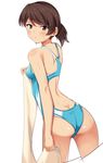  absurdres ass bad_id bad_pixiv_id blue_swimsuit brown_eyes brown_hair competition_swimsuit girls_und_panzer highres kawanishi_shinobu looking_at_viewer nksk one-piece_swimsuit ponytail short_hair simple_background solo swimsuit wet white_background 