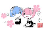  blue_eyes blue_hair headdress maid pink_eyes pink_hair polychromatic ram_(re:zero) re:zero_kara_hajimeru_isekai_seikatsu rem_(re:zero) short_hair twins zzzzxxx2010nian 