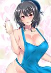  apron baby_bottle bare_shoulders beret black_hair blue_apron blush bottle breasts buttons cleavage collarbone eyebrows eyebrows_visible_through_hair groin hand_up hat heart heart_background highres holding holding_bottle kantai_collection large_breasts looking_at_viewer naked_apron open_mouth pink_eyes red_eyes sankakusui short_hair sideboob smile solo takao_(kantai_collection) 