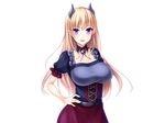  blonde_hair blush breasts character_request cleavage cowboy_shot demon_girl dress earrings eyebrows eyebrows_visible_through_hair game_cg hand_on_hip highres horns large_breasts long_hair looking_at_viewer mashouki_tiruana_haramase_saimin parted_lips puffy_sleeves purple_eyes saxasa short_sleeves simple_background smile solo standing upper_body white_background 