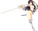  absurdres armor armored_boots black_hair boots breasts full_body highres koikishi_purely_kiss long_hair medium_breasts no_bra no_panties red_eyes shidou_mana simple_background smile solo sword weapon white_background yuuki_hagure 