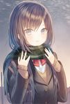  :d blazer blue_eyes brown_hair copyright_request dress_shirt green_scarf highres io_enishi jacket open_mouth outdoors plaid plaid_scarf scarf school_uniform shirt sleeves_past_wrists smile solo sweater upper_body white_shirt 