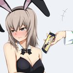  animal_ears bad_id bad_pixiv_id black_leotard breasts bunny_ears bunnysuit cleavage collarbone embarrassed girls_und_panzer grey_background grey_eyes grey_hair itsumi_erika kueru_(qwelone) leotard long_hair medium_breasts simple_background solo_focus strapless 