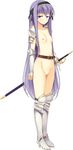  absurdres armor armored_boots boots breasts fujimori_yuu highres koikishi_purely_kiss long_hair no_bra no_panties no_pussy purple_eyes purple_hair simple_background small_breasts solo sword weapon white_background yuuki_hagure 