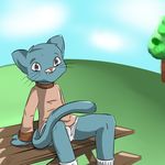  anthro anthrofied briefs bulge cartoon_network cat clothing cub feline gumball_watterson legionoftoast legwear looking_at_viewer mammal outside picnic_table reclining sitting socks solo sweater the_amazing_world_of_gumball underwear whiskers young 