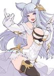  :d animal_ears bangs bare_shoulders black_legwear blue_eyes breasts cat_ears elbow_gloves erune gloves granblue_fantasy hair_ornament hanauna highres korwa large_breasts long_hair looking_at_viewer mismatched_legwear open_mouth quill silver_hair simple_background smile solo thighhighs thread white_background white_gloves white_legwear 