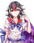  absurdres alternate_hair_length alternate_hairstyle arm_behind_back bad_id bad_pixiv_id bangs black_hair blood blood_stain breasts cape checkered collarbone dress grin hair_between_eyes highres horns kijin_seija long_hair looking_to_the_side multicolored_hair purple_cape red_hair scar sheya short_sleeves simple_background small_breasts smile solo streaked_hair touhou upper_body white_background white_dress white_hair 