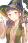  black_desert blue_eyes brown_eyes brown_hair closed_mouth fire flame hat head_tilt heterochromia holding holding_staff index_finger_raised io_enishi looking_at_viewer low_twintails shirt simple_background solo staff twintails white_background witch witch_(black_desert) witch_hat 