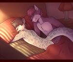  2016 adrian anthro bed blue_fur brown_eyes butt canine duo feline fur grope leopard lockworkorange male mammal morning novus nude on_bed purple_fur snow_leopard tagme tired wolf 