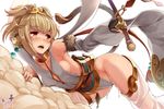  andira_(granblue_fantasy) animal_ears bare_shoulders black_gloves blonde_hair blush breasts brown_eyes choker cloud detached_sleeves erune fingerless_gloves flying_nimbus giji_eizan gloves granblue_fantasy hair_ornament hairband monkey_ears monkey_tail open_mouth red_eyes short_hair sideboob small_breasts solo staff sweat tail wide_sleeves 