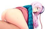  ass blush bottomless bubble_skirt cum cum_in_pussy decensored expressionless hata_no_kokoro hetero highres katou_kaiou long_hair long_sleeves looking_at_viewer mask no_panties penis pink_eyes pink_hair plaid plaid_shirt pussy sex shirt simple_background skirt skirt_lift solo_focus touhou uncensored vaginal 