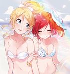 ayase_eli bandeau bangle beach bikini blonde_hair blue_eyes bracelet breasts cleavage closed_eyes day fly_(marguerite) groin hand_on_another's_arm hat innertube jewelry long_hair love_live! love_live!_school_idol_project medium_breasts multiple_girls navel nishikino_maki ponytail red_hair smile swimsuit 