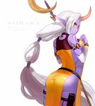  armlet ass back bandages belt blue_skin blush bracelet breasts character_name closed_mouth cowboy_shot english from_behind highres horn jewelry large_breasts league_of_legends long_hair looking_at_viewer looking_back onekokun pointy_ears ponytail purple_skin sideboob simple_background smile solo soraka staff standing tattoo very_long_hair white_background white_hair wrist_wrap yellow_eyes 