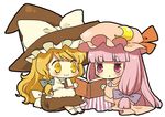  :3 blonde_hair book chibi hair_ribbon hat kirisame_marisa long_hair maitou multiple_girls patchouli_knowledge pink_eyes purple_hair reading ribbon sitting touhou witch_hat yellow_eyes 