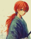  androgynous faux_traditional_media himura_kenshin japanese_clothes katana kimono long_hair looking_at_viewer lowres male_focus orange_hair ouru109 pale_color ponytail red_hair rurouni_kenshin samurai solo sword weapon younger 