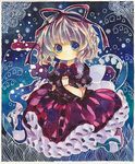  blonde_hair blue_eyes doll_joints dress flower frills gathers lace lily_of_the_valley lowres medicine_melancholy millipen_(medium) niko_(2ars) ribbon short_hair solo touhou traditional_media 