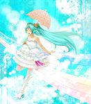  aqua_hair bare_shoulders boots closed_eyes dress flower hair_flower hair_ornament hatsune_miku headphones long_hair musical_note rainbow ripples solo twintails umbrella very_long_hair vocaloid wana_oxo 