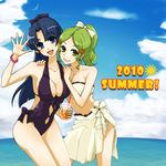  asakura_ryouko bad_id bad_pixiv_id bandeau bikini blue_eyes blue_hair breasts casual_one-piece_swimsuit cleavage eringi_oishii green_eyes green_hair kimidori_emiri long_hair medium_breasts multiple_girls one-piece_swimsuit ponytail sarong suzumiya_haruhi_no_yuuutsu swimsuit waving white_sarong 