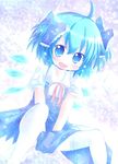  ahoge alternate_hairstyle blue_eyes blue_hair blush bow cirno fang hair_bow short_hair short_twintails solo thighhighs touhou twintails white_legwear wings yuya_(minus-k) 